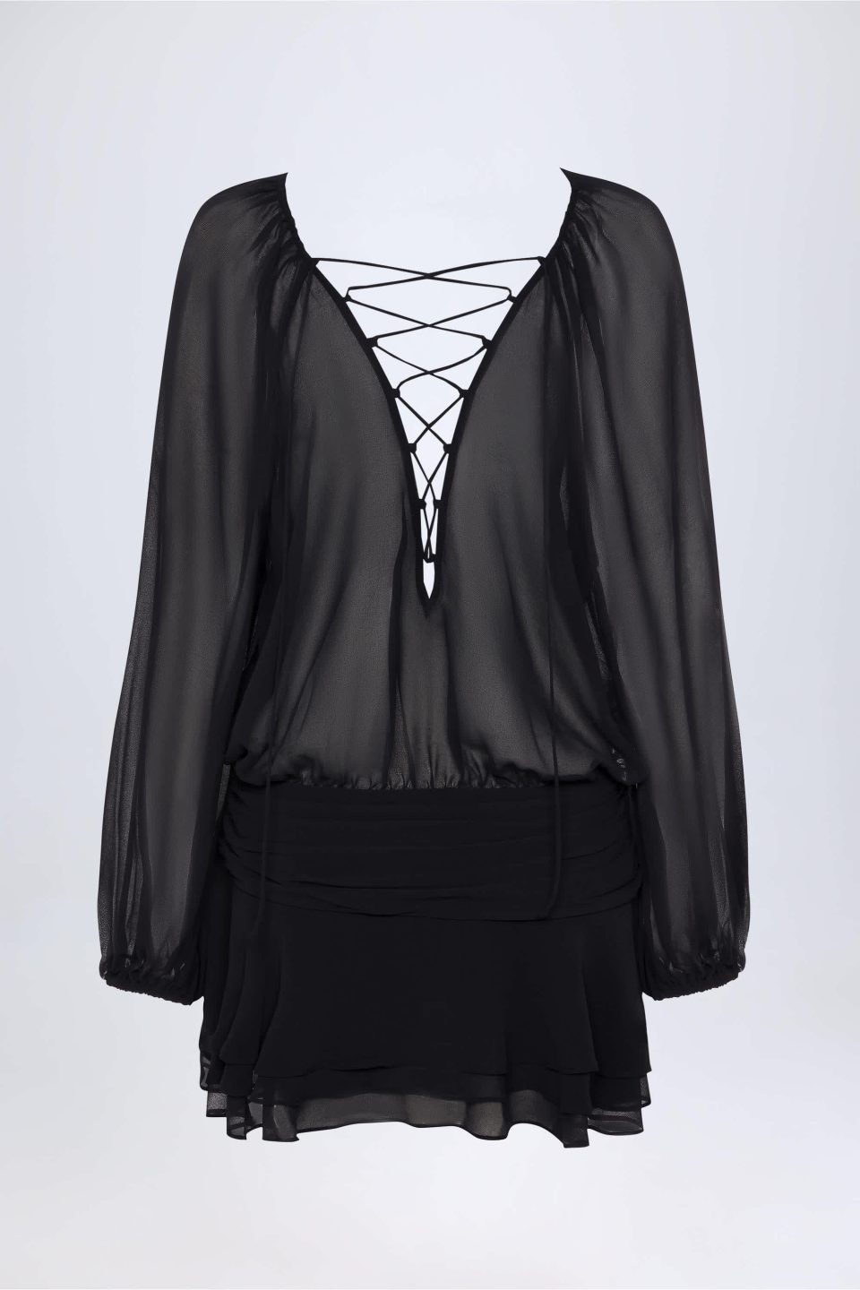 Lace-Up Balloon-Sleeve Mini Dress in Black