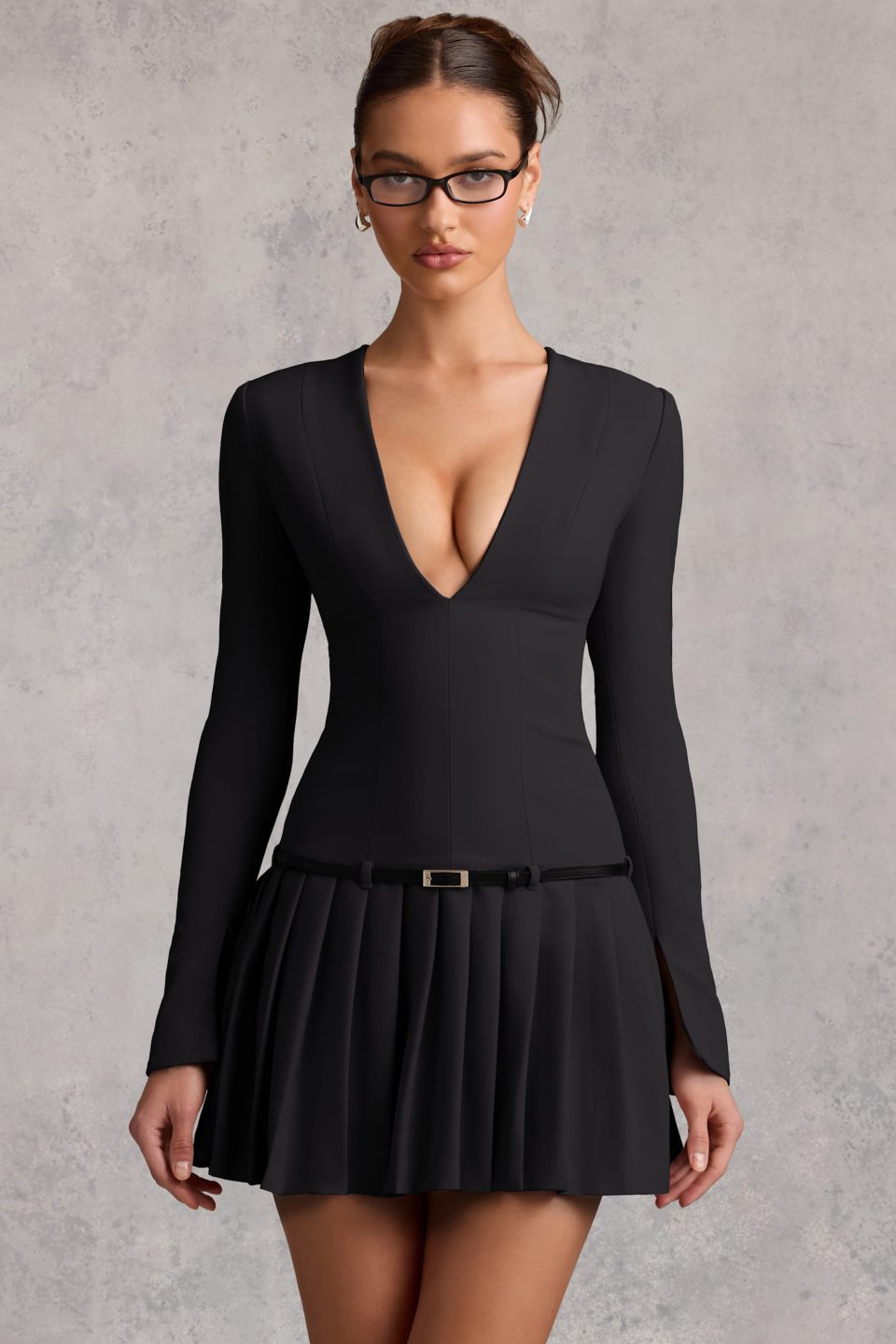 Long-Sleeve Pleated Mini Dress in Black