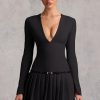 Long-Sleeve Pleated Mini Dress in Black