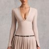 Long-Sleeve Pleated Mini Dress in Mushroom