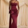 Bow-Detail Ruched Maxi Dress in Wine Red