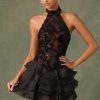 Embellished Ruffled Halterneck Mini Dress in Black