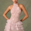 Embellished Ruffled Halterneck Mini Dress in Dusty Rose