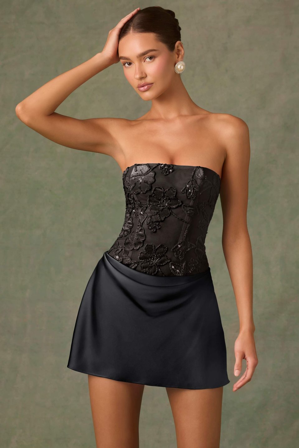 Embellished Draped Strapless A-Line Mini Dress in Black