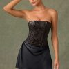 Embellished Draped Strapless A-Line Mini Dress in Black