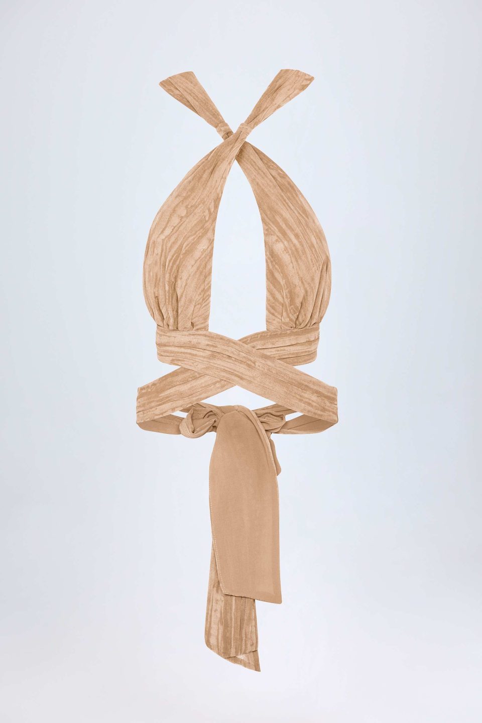 Ruched Halterneck Crop Top in Tan Print