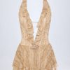 Ruffled Plunge Halterneck Playsuit in Tan Print