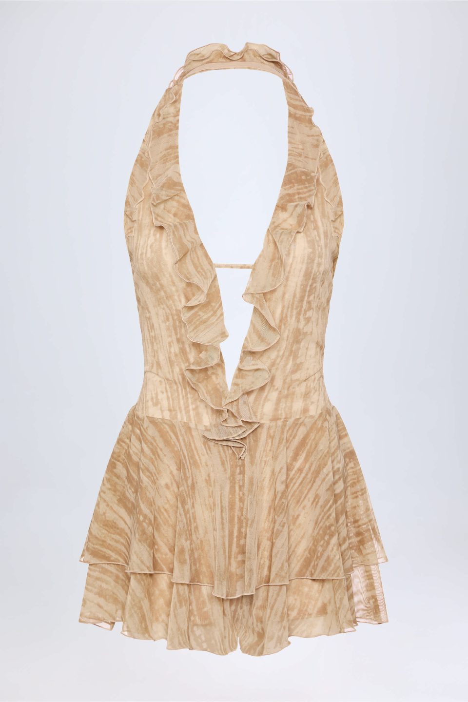 Ruffled Plunge Halterneck Playsuit in Tan Print