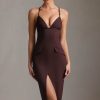 Plunge-Neck Backless Midaxi Dress in Chocolate Brown
