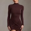 Ruched Backless Turtleneck Mini Dress in Chocolate Brown
