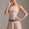 Belted Backless Pleated Mini Dress in Mushroom