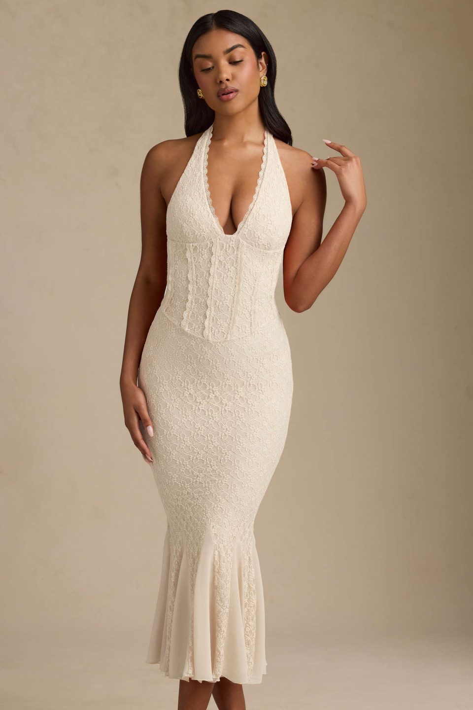 Halterneck Corset Lace Midaxi Dress in Ivory