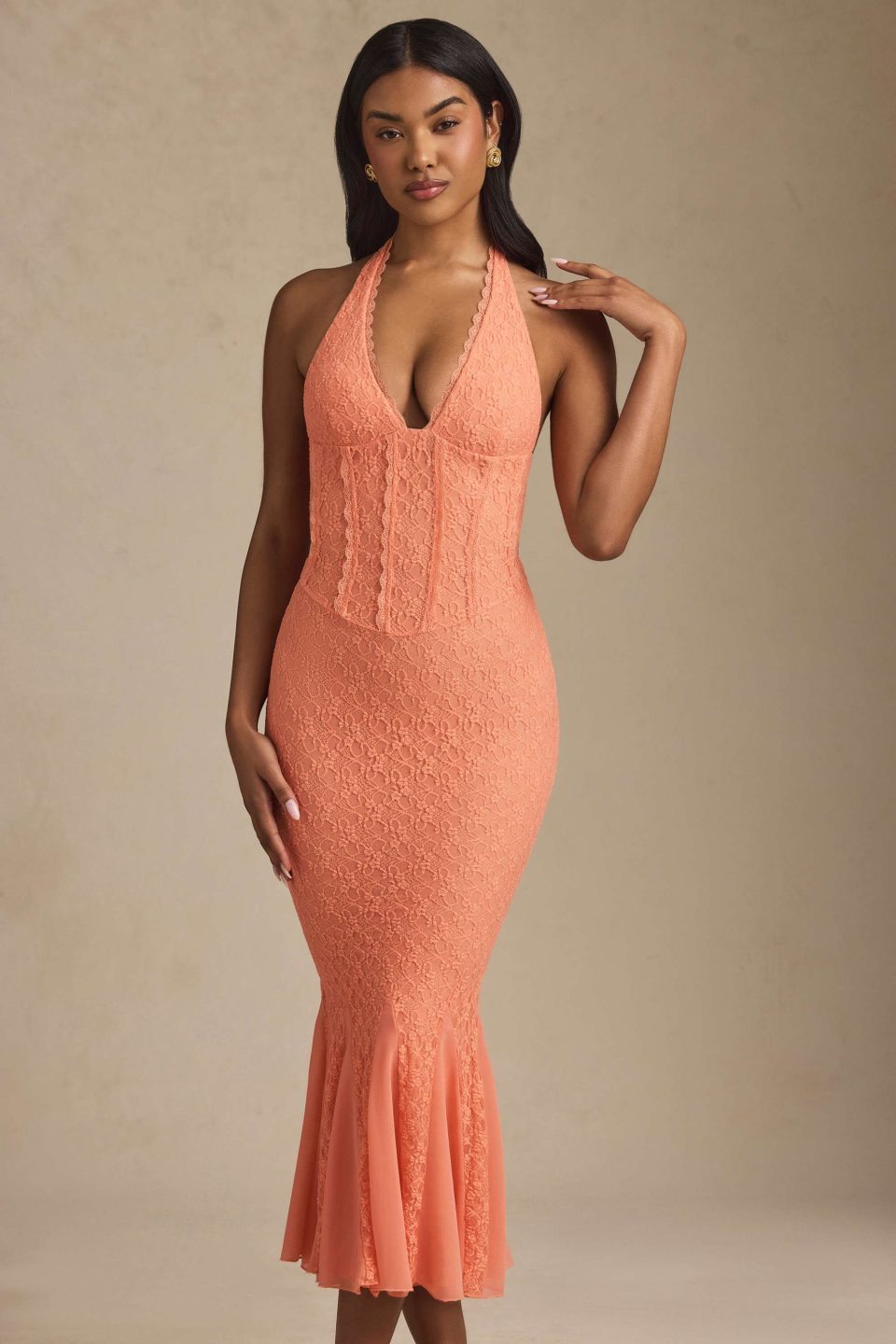 Halterneck Corset Lace Midaxi Dress in Peach