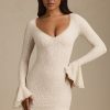 Long-Sleeve Ruffled Lace Mini Dress in Ivory