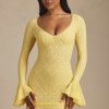 Long-Sleeve Ruffled Lace Mini Dress in Pastel Yellow