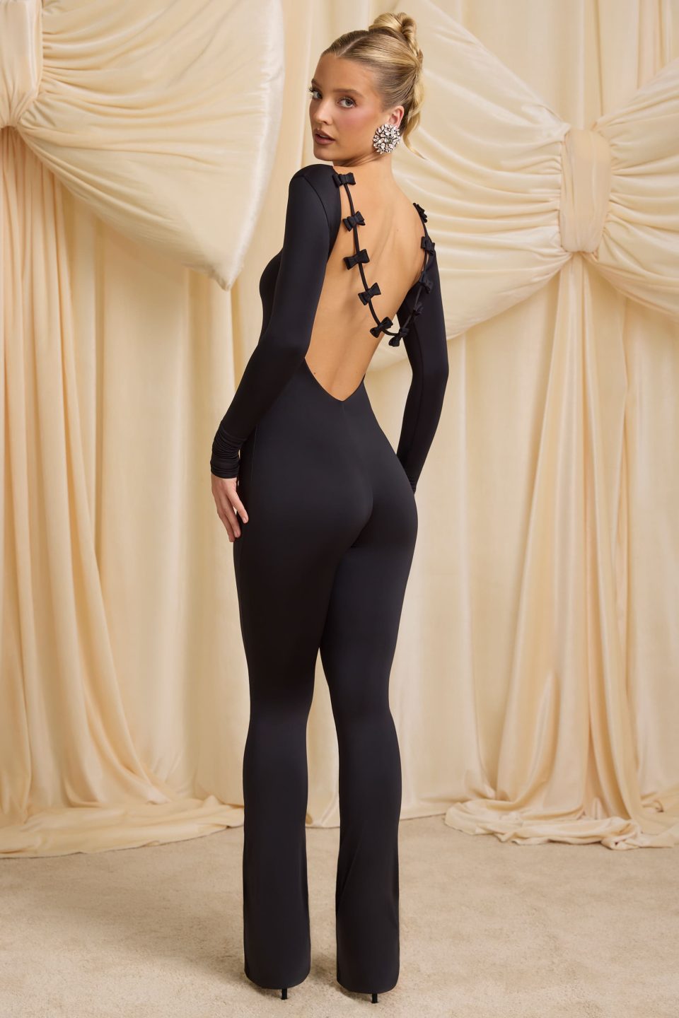 Slinky Jersey Bow-Detail Jumpsuit in Black