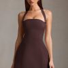 Pinstripe Halterneck Structured A-Line Mini Dress in Chocolate Brown