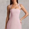 Pinstripe Halterneck Structured A-Line Mini Dress in Mauve