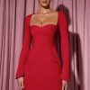 Sweetheart-Neck Long-Sleeve A-Line Mini Dress in Red