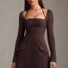 Pinstripe Structured A-Line Mini Dress in Chocolate Brown