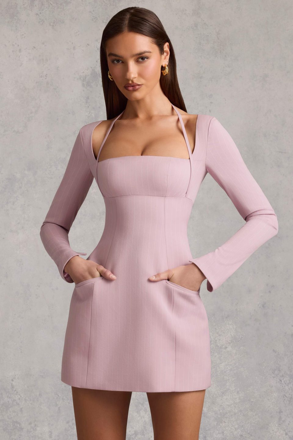 Pinstripe Structured A-Line Mini Dress in Mauve