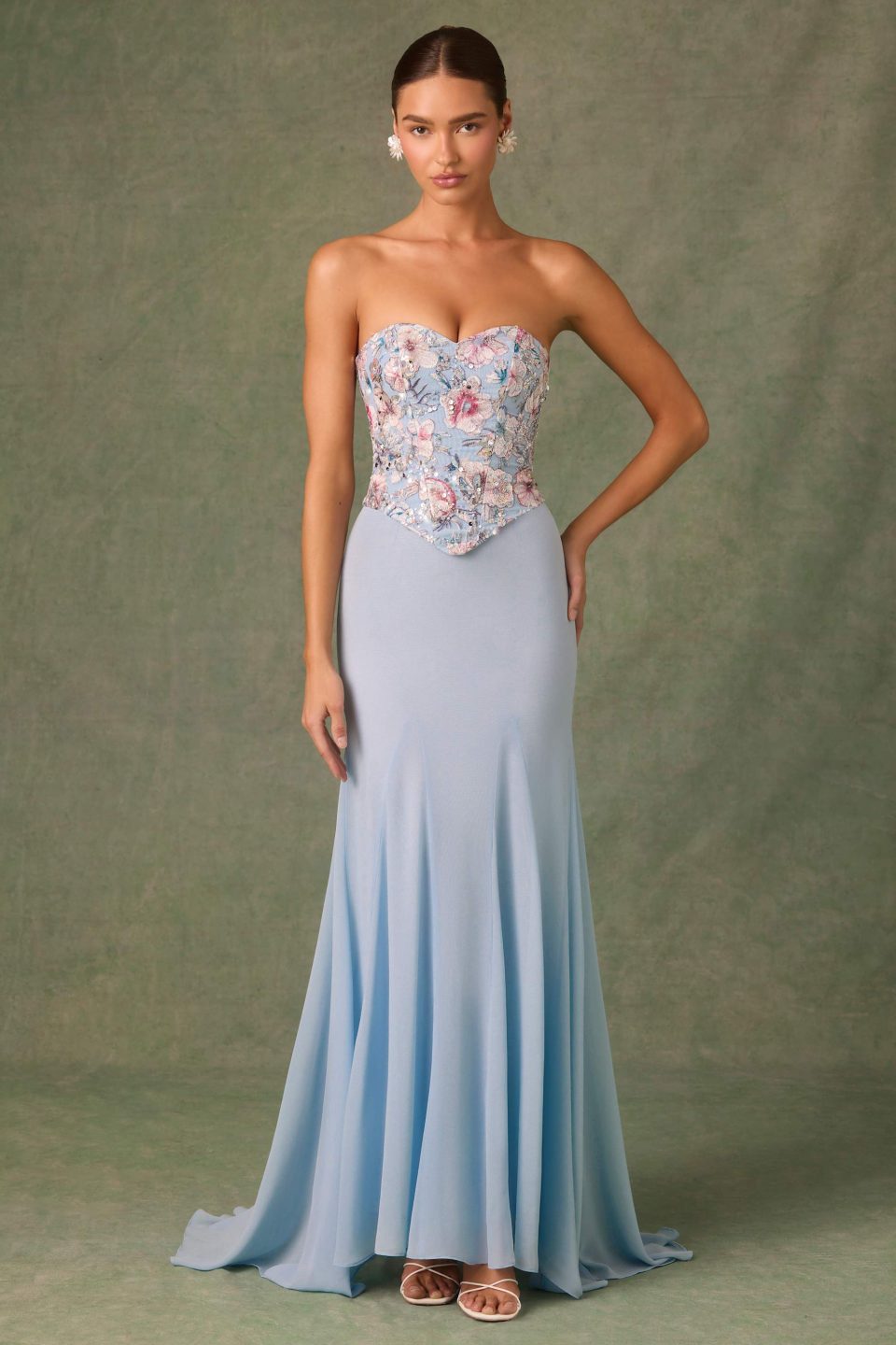 Embellished Corset Fishtail Gown in Floral Blue