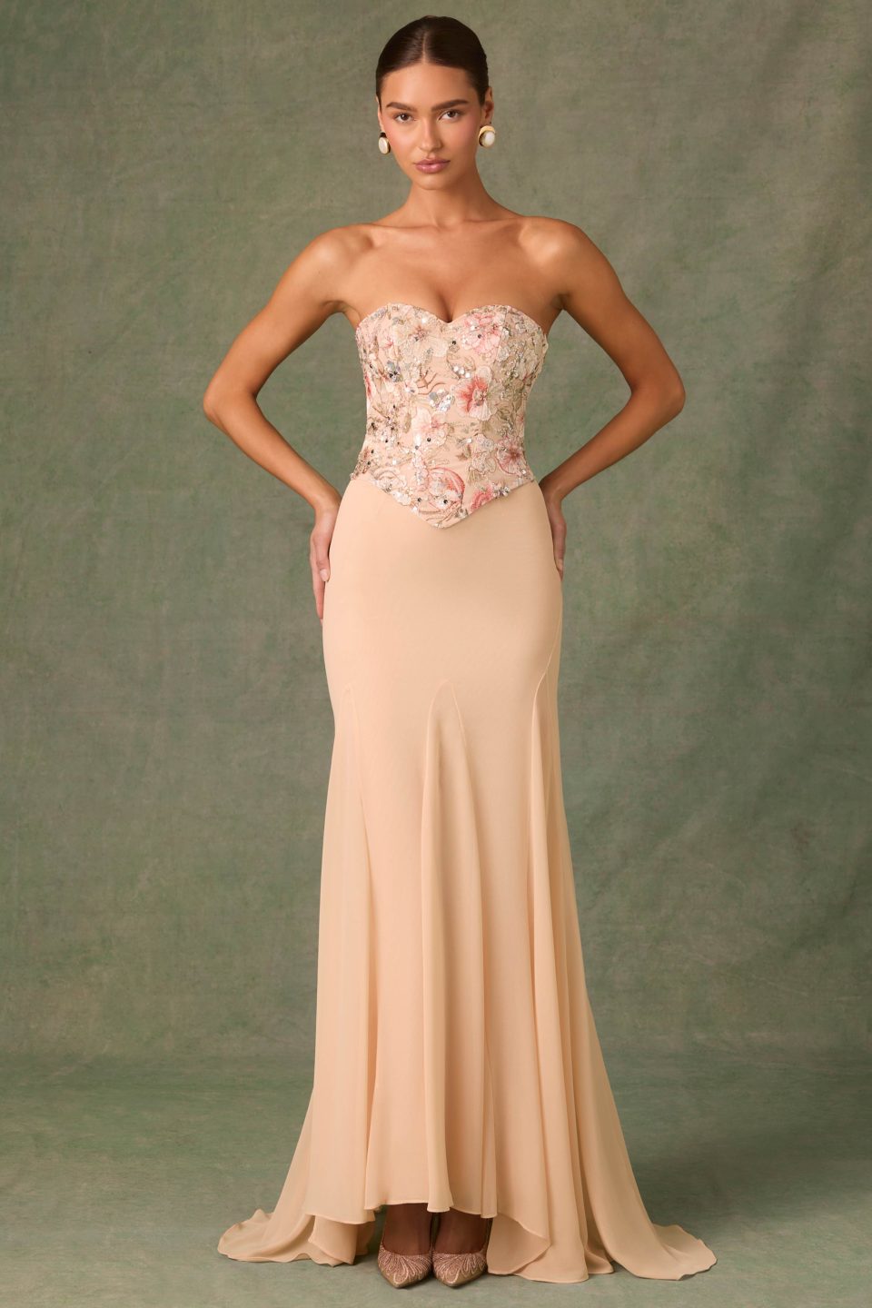 Embellished Corset Fishtail Gown in Floral Beige
