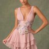 Embellished Ruffled Corset Mini Dress in Floral Pink