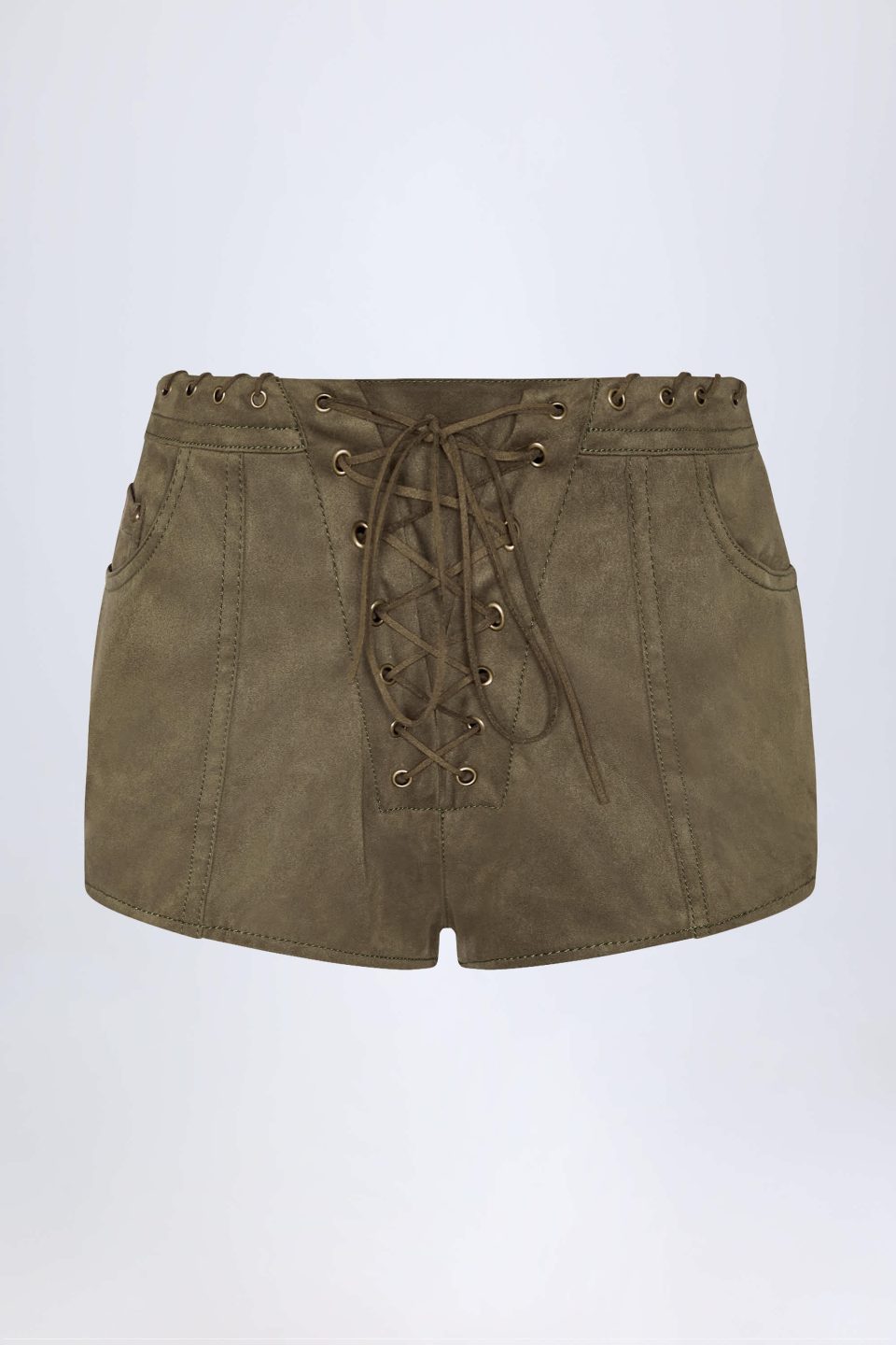 Lace-Up Mid-Rise Shorts in Dark Khaki