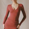 Modal-Cashmere Blend Draped Long-Sleeve Mini Dress in Brick Red