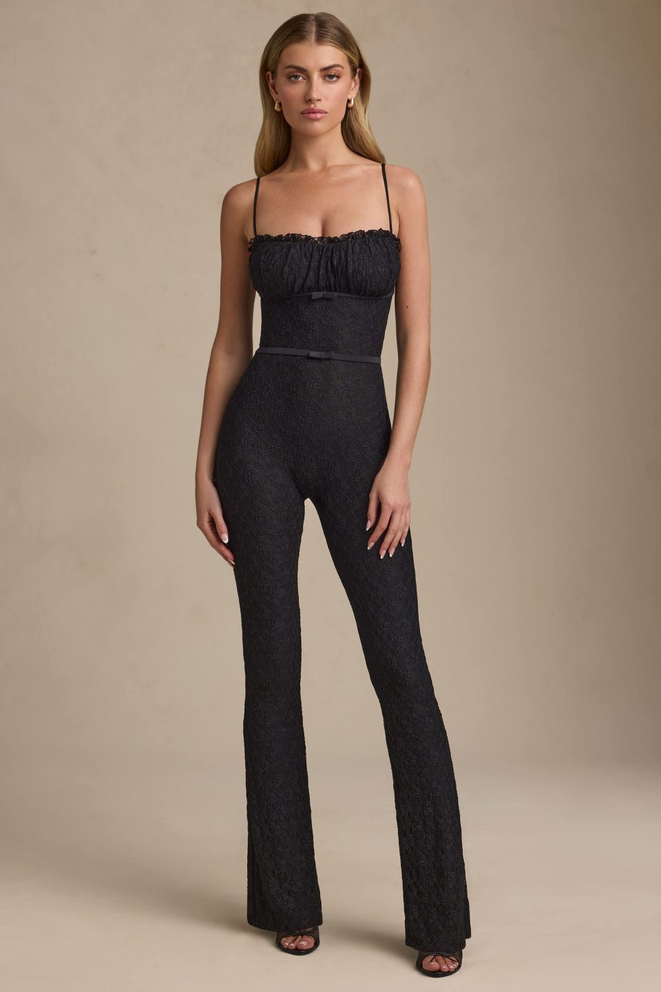 Bow-Detail Lace Flared Jumpsuit in Black