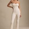 Bow-Detail Lace Flared Jumpsuit in Ivory