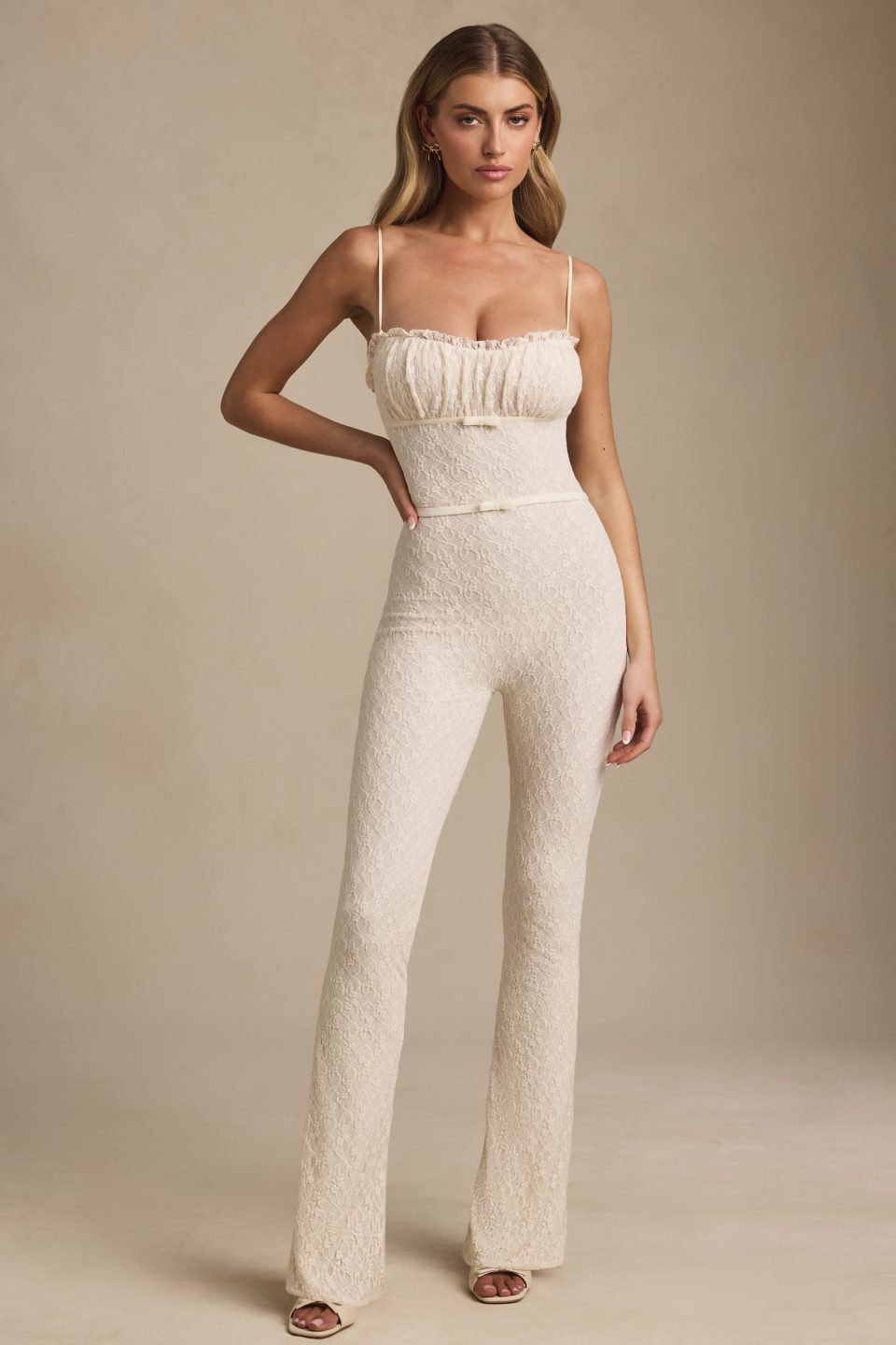 Bow-Detail Lace Flared Jumpsuit in Ivory
