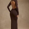 Modal Ruched Backless Maxi Dress in Chocolate Brown