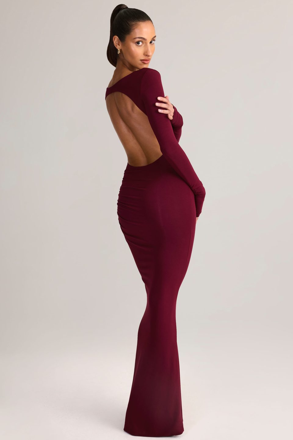 Modal Ruched Backless Maxi Dress in Wine