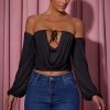 Off-Shoulder Draped Balloon-Sleeve Top in Black