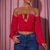 Off-Shoulder Draped Balloon-Sleeve Top in Red
