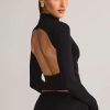 Modal Ruched Backless Turtleneck Top in Black