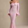 Off-Shoulder Ruffle Lace Maxi Dress in Soft Pink