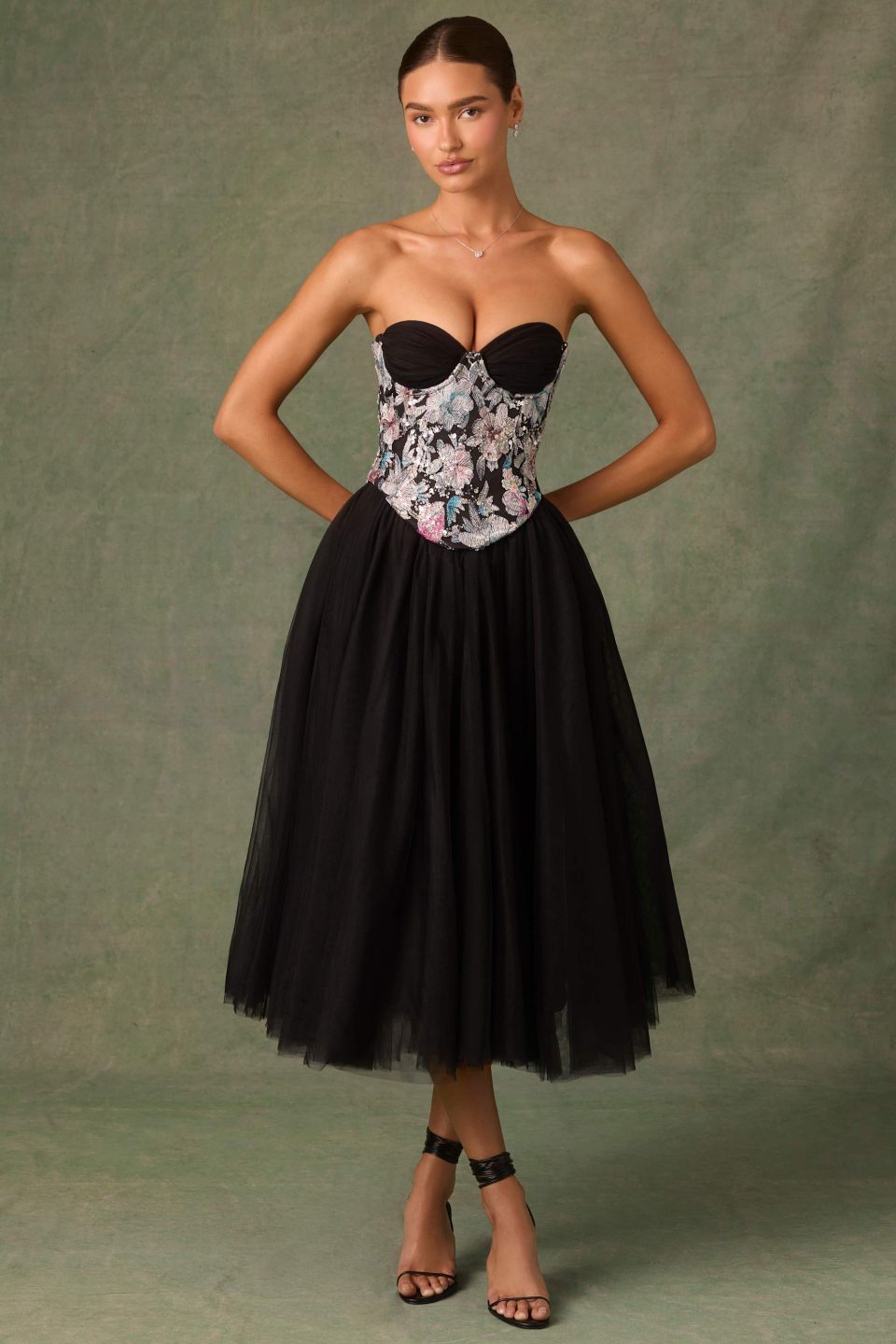 Embellished Lace-Up Cupless Corset in Floral Black