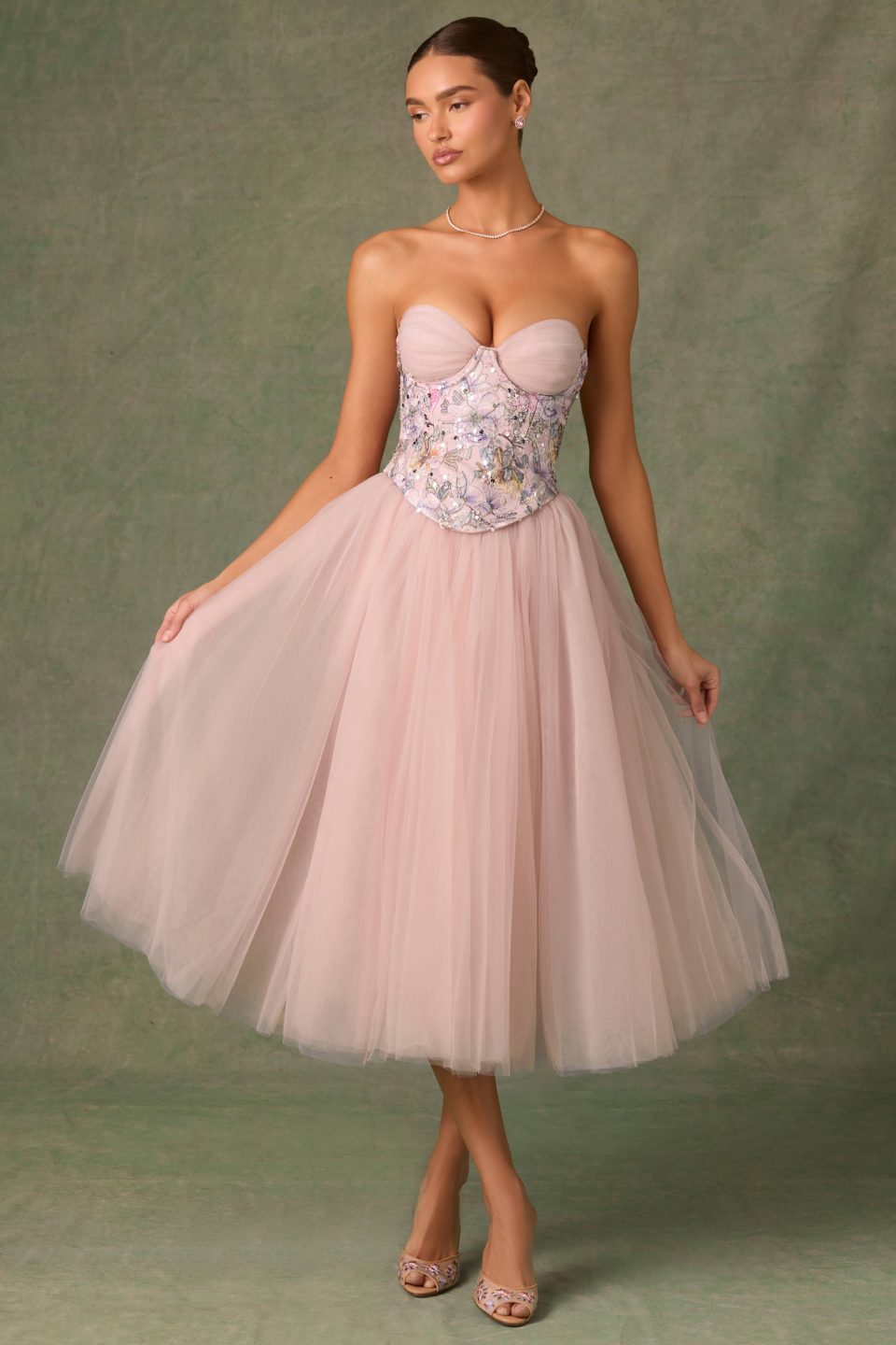 Embellished Lace-Up Cupless Corset in Floral Pink