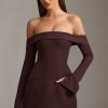 Off-Shoulder Structured A-Line Mini Dress in Chocolate Brown