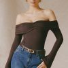 Modal-Cashmere Blend Off-Shoulder Ruched Top in Espresso