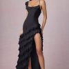 Asymmetric Ruffled Lace-Up Gown in Black