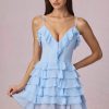 Ruffled Lace-Up A-Line Mini Dress in Powder Blue