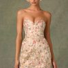 Embellished Strapless A-Line Mini Dress in Floral Beige