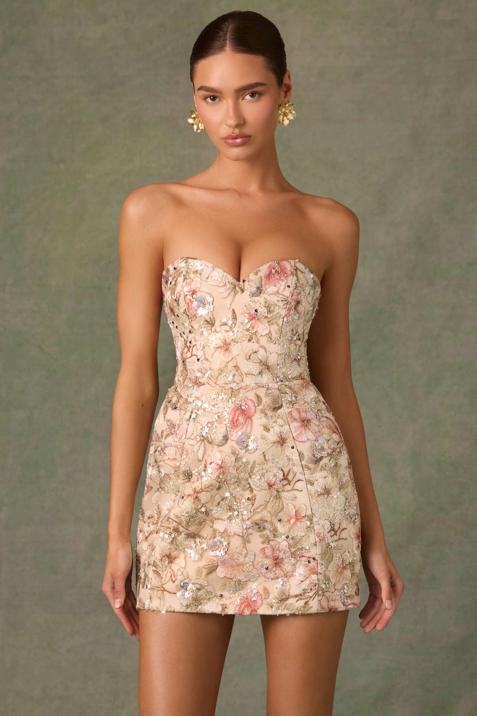 Embellished Strapless A-Line Mini Dress in Floral Beige