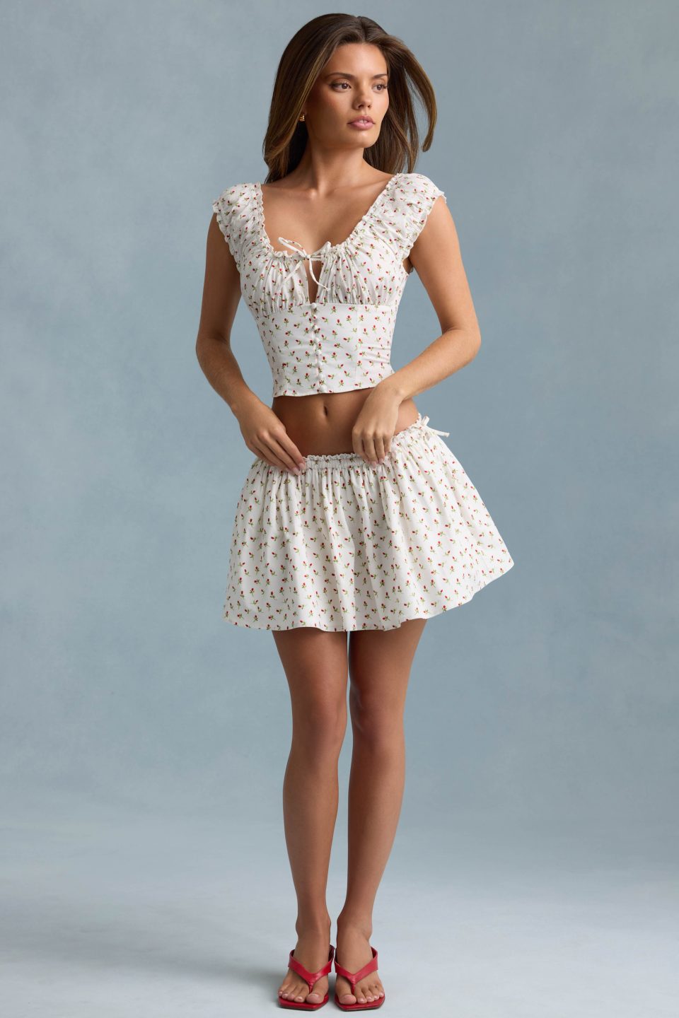 Ruched Cotton-Poplin Mini Skirt in Rose Print