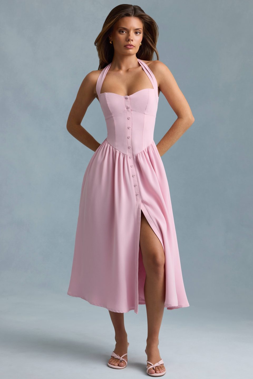 Button-Detail Halterneck Midaxi Dress in Soft Pink