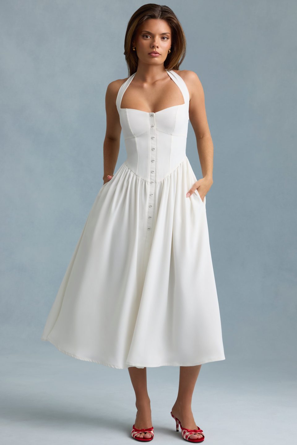 Button-Detail Halterneck Midaxi Dress in White